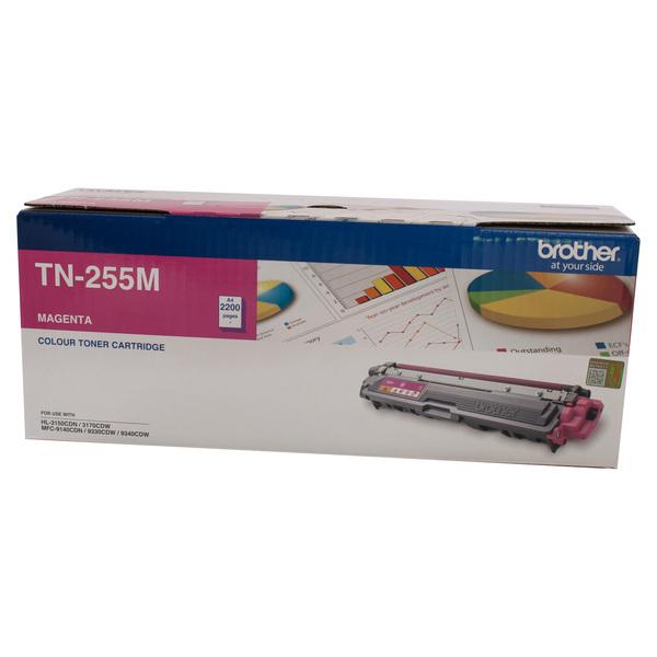 Brother TN-255 Magenta Original Toner Cartridge, showcasing its vibrant color and design, ideal for high-quality printing.